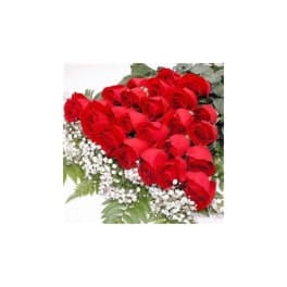 Heart-shaped bouquet of red roses with baby's breath