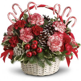 Holiday basket with red carnations, candy canes, and pinecones