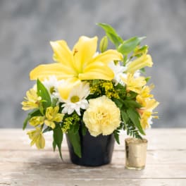 Yellow lilies and white daisies in a black pot with a small candle beside it