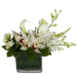 White orchids and calla lilies in a square glass vase