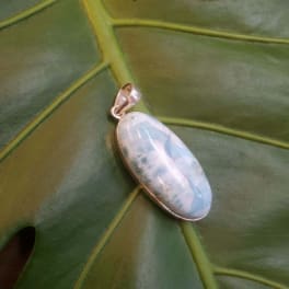 Oval pendant with a pale blue-white stone on a green leaf background