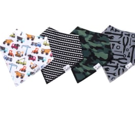 Four patterned bandana bibs laid out on a white background