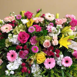 Large mixed bouquet with pink and yellow flowers
