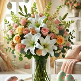 Pastel bouquet with white lilies and pink roses in a glass vase