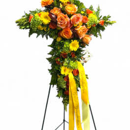 Standing floral cross with orange roses and yellow flowers