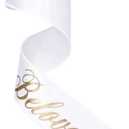 White satin chair sash with gold "Reserved" lettering