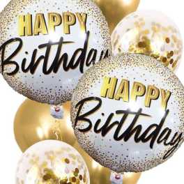 Cluster of gold and clear birthday balloons with confetti and "Happy Birthday" text