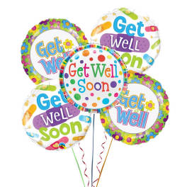 Cluster of colorful get well soon balloons with ribbons