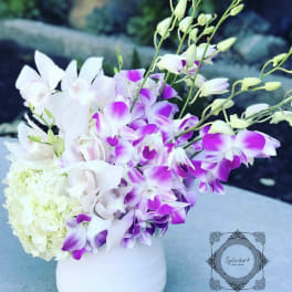 White and purple orchid arrangement in a white vase