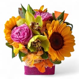 Bright mixed bouquet with sunflowers, pink roses, and orchids in a pink container