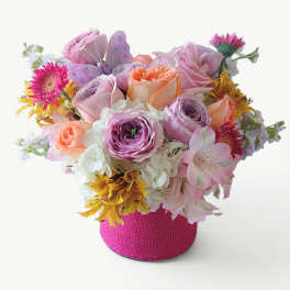 Round arrangement of pink, peach, and yellow flowers in a bright pink fabric-wrapped container with a butterfly pick.
