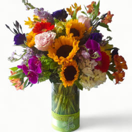 Tall mixed arrangement with sunflowers, roses, gerbera daisies and orchids in a clear glass vase with green ribbon