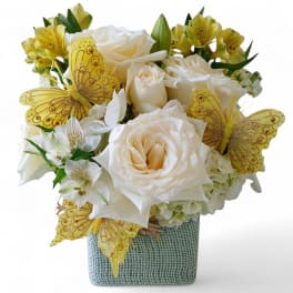 White rose arrangement with yellow butterfly decorations in a woven square vase