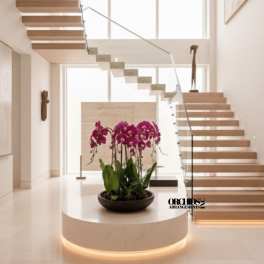 Potted purple orchids in a shallow black bowl on a pedestal