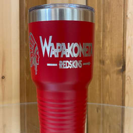 Red insulated tumbler with a sports team logo and text