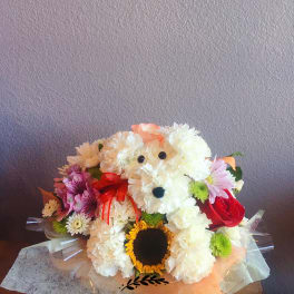 Bouquet shaped like a teddy bear made from white and pink flowers