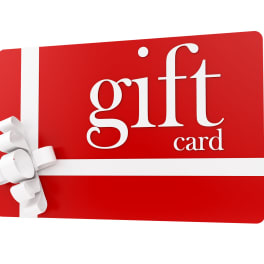 Red gift card with a white ribbon and bow