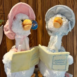 Two plush duck toys holding books, one pink and one gray