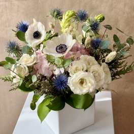 White and pink floral arrangement in a white box with blue thistle-like blooms
