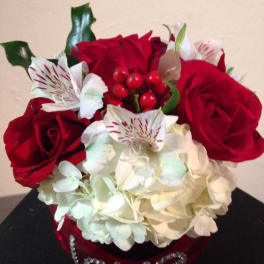 Red roses and white hydrangeas in a red heart-shaped container