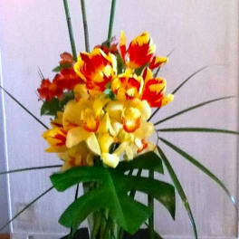Tall arrangement of yellow and red orchids in a vase