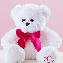 White teddy bear plush with a bright pink bow and heart embroidery on its paw