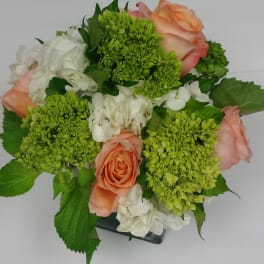 Peach roses and green-white hydrangeas in a low square vase