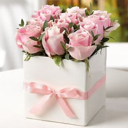 Pink roses arranged in a white box with a pink ribbon