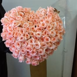 Large bouquet of pale pink roses in a tall wrap