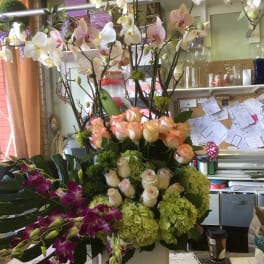 Tall floral arrangement with orchids, roses, and hydrangeas in a white container