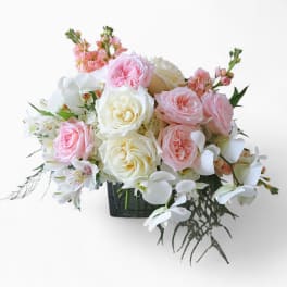 Low arrangement of white and blush roses, orchids, and mixed blooms in a rectangular glass vase