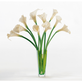 White calla lilies in a tall clear glass vase