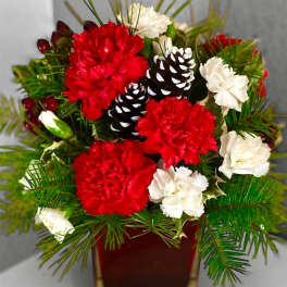 Red and white carnations arranged in a red vase with pinecones and evergreen sprigs