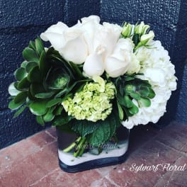 White roses and hydrangeas arranged in a square glass vase