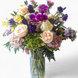 Tall glass vase of mixed pink roses, hydrangeas, and purple orchids with assorted accent flowers.