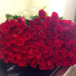Large bouquet of red roses with a few green leaves