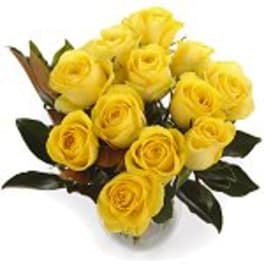 Bouquet of yellow roses with dark green leaves