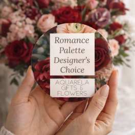 Hands holding a round card in front of a red and pink flower bouquet