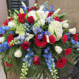 Large mixed bouquet with red, white, and blue flowers