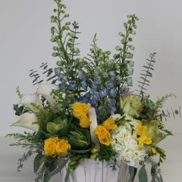 Roses, Delphinium, Hydrangea, Solidago, Spray Roses, Kale, Freesia, Calla Lilliy