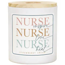 White candle jar with gold lid and "NURSE" text on the label