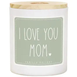 White candle in a glass jar with a gold lid and "I LOVE YOU MOM" label