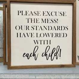 Framed wooden sign with the text "Please excuse the mess!"