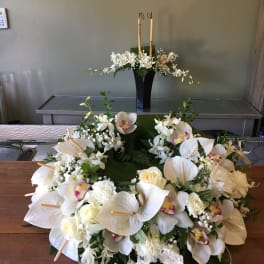 #145 ANTHURIUM & ORCHID GARDEN URN ARRANGEMENT