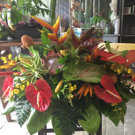 Tropical floral arrangement with red anthuriums and orange bird-of-paradise blooms