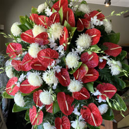 #161 red anthurium and white mum wreath