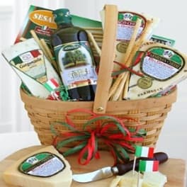 Gift basket with Italian food items and cheese wedges