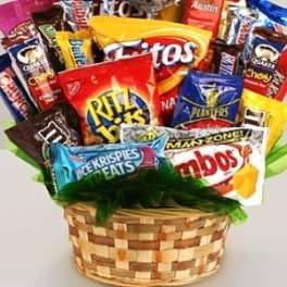 Basket filled with assorted snack bags and chips