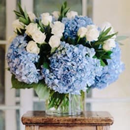 Blue hydrangeas and white roses in a glass vase