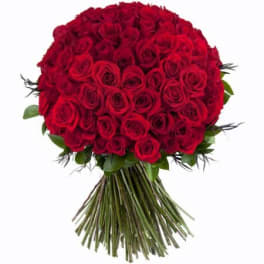 Large bouquet of red roses with long stems